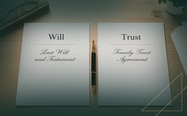 Two documents, a "Will" and a "Trust", with a pen between them on a wooden desk