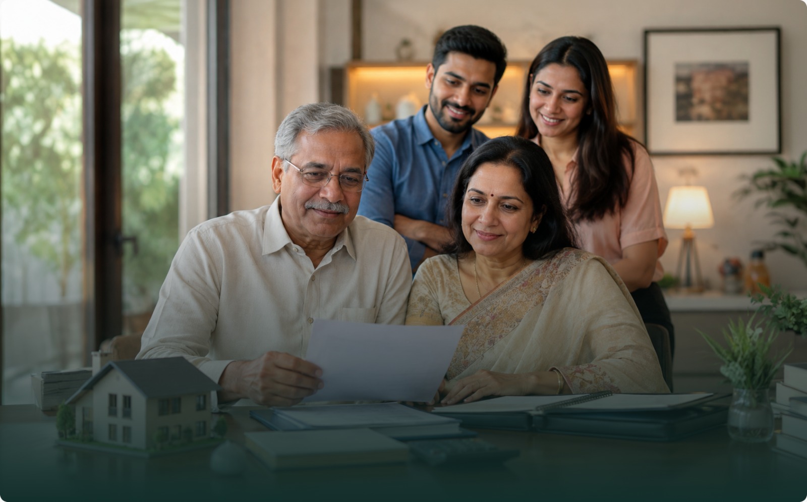 Multigenerational family reviewing home documents at a table, with a miniature house model nearby; they smile warmly in a cozy room.