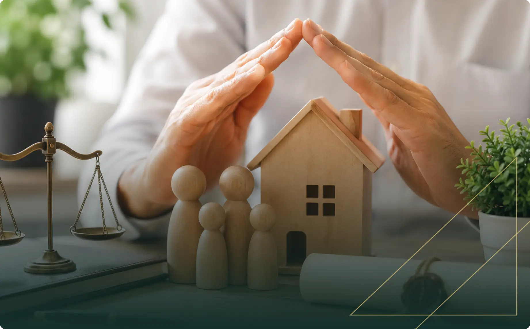 Hands form a protective roof over a wooden house and family figures, beside scales and plants, symbolizing home protection, balance, and security.