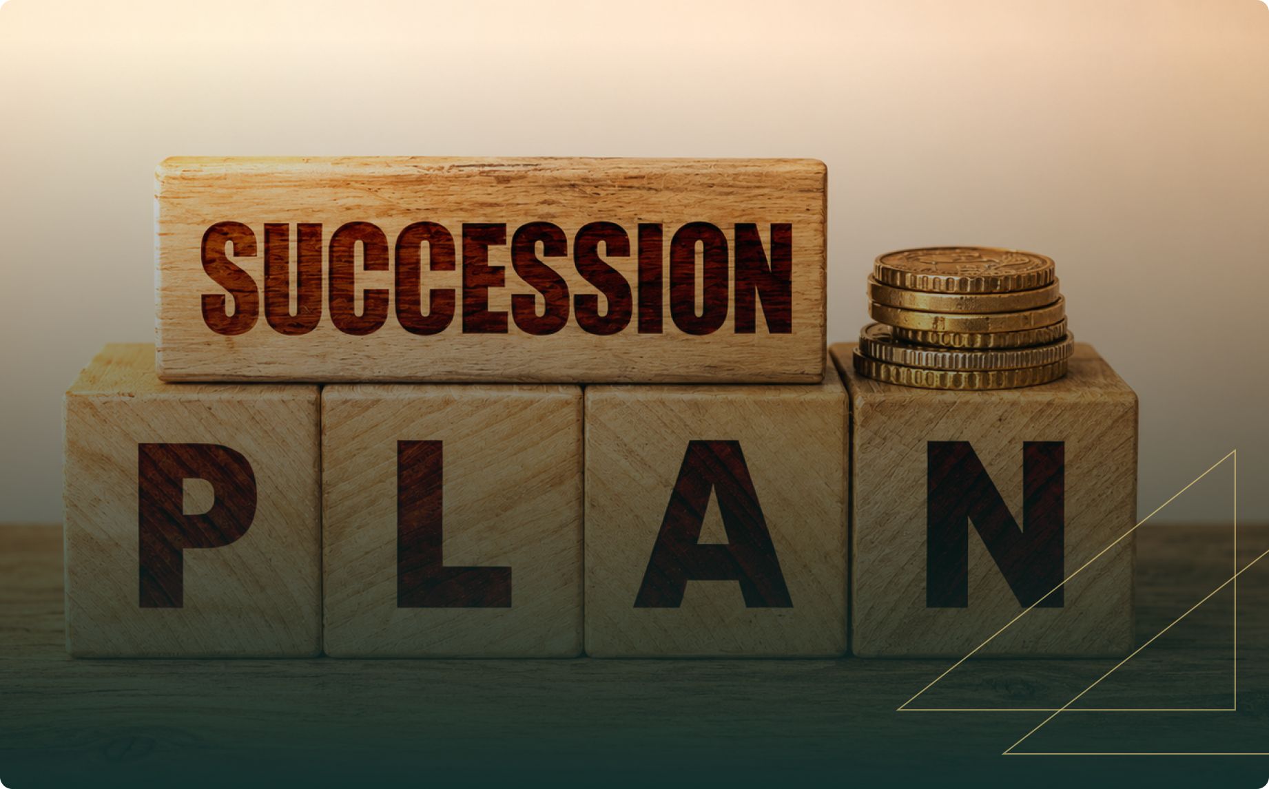 Wooden blocks spell “PLAN” beneath a block labeled “SUCCESSION,” beside stacked coins, suggesting strategic financial and business planning Truelegacy website blog banner image