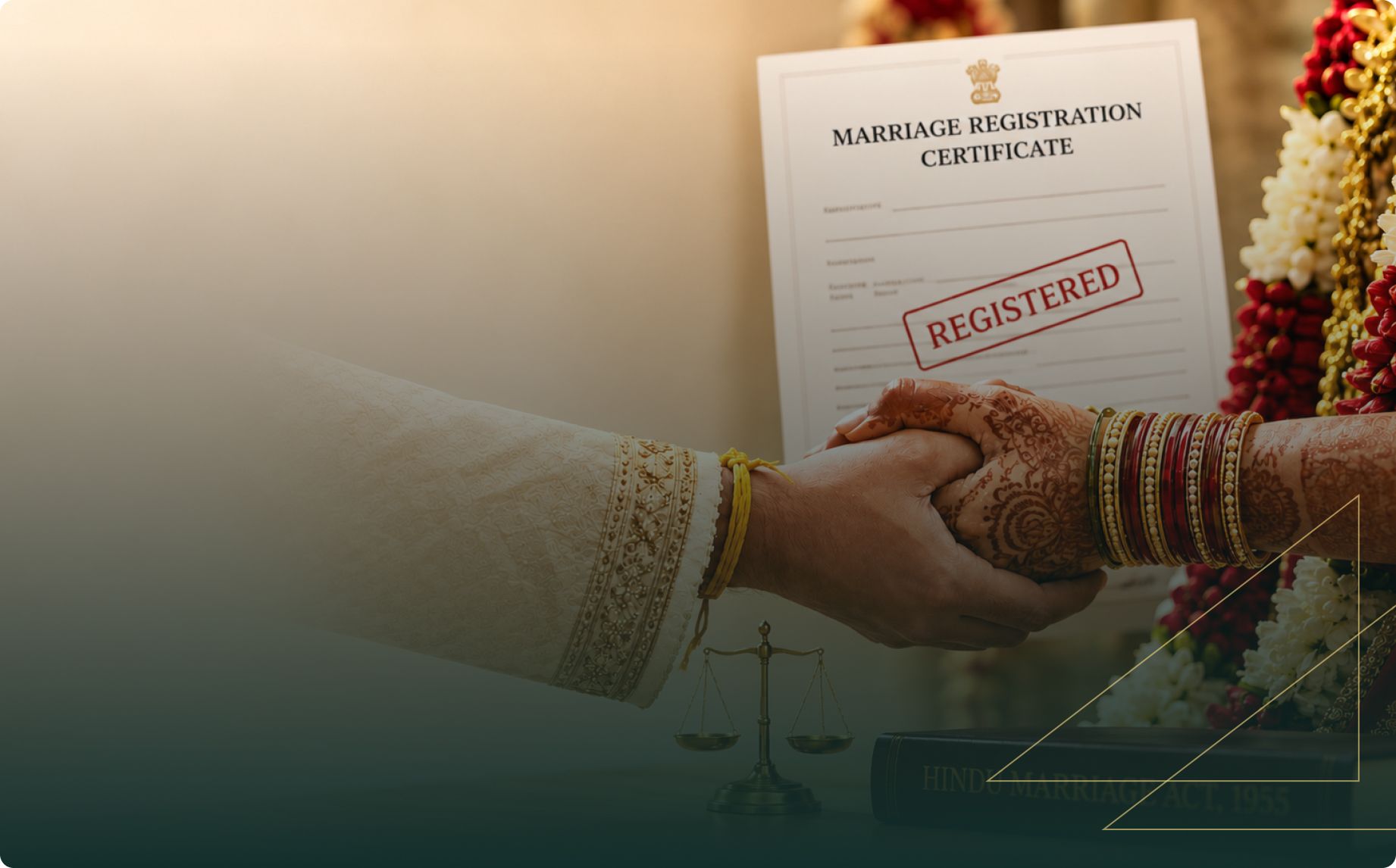 A bride’s henna-covered hand with bangles joins a groom’s hand beside a “Registered” marriage certificate, evoking a joyful wedding.