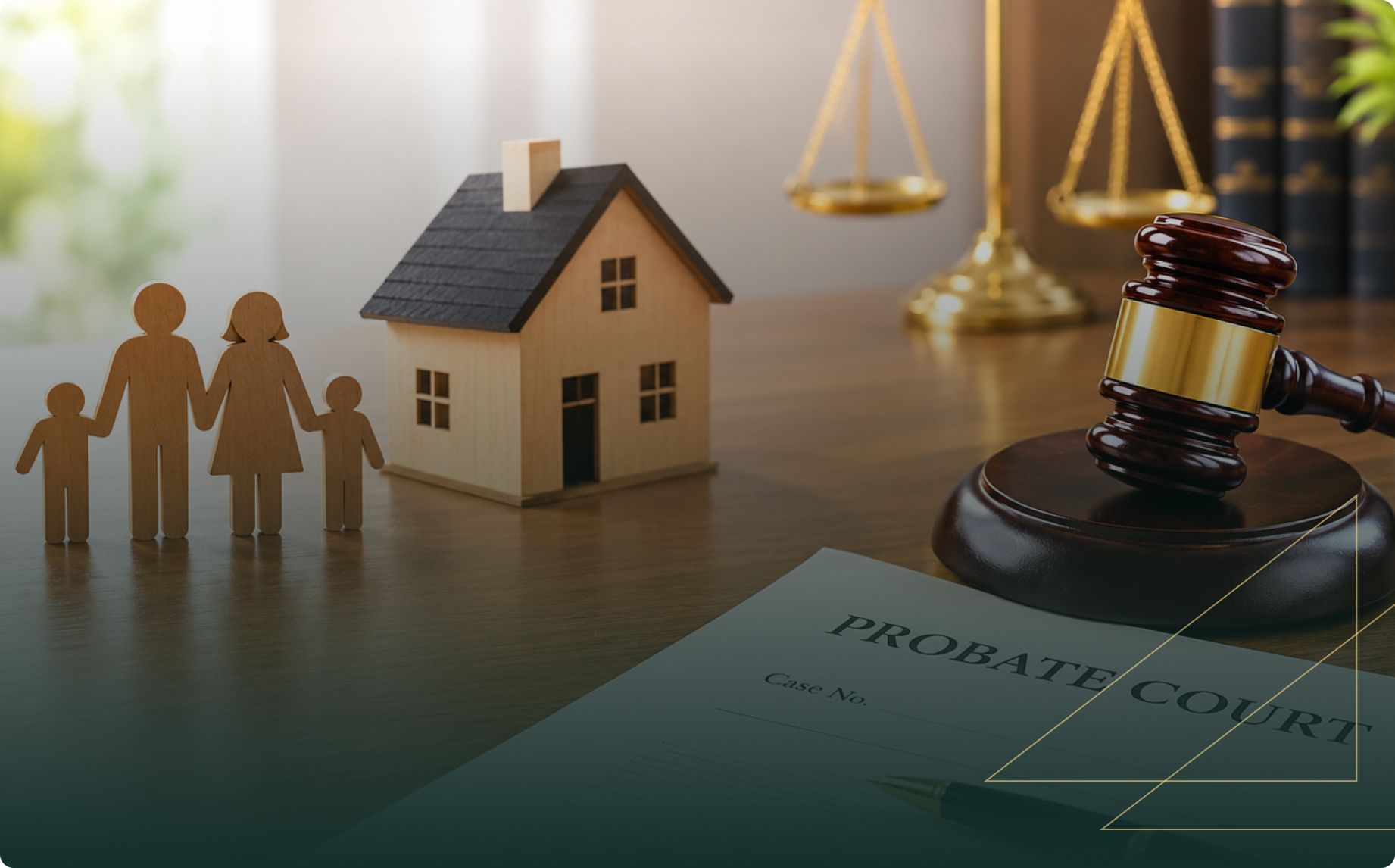 Probate court concept: family silhouettes beside a house, scales of justice, and judge’s gavel on legal documents, suggesting estate planning.