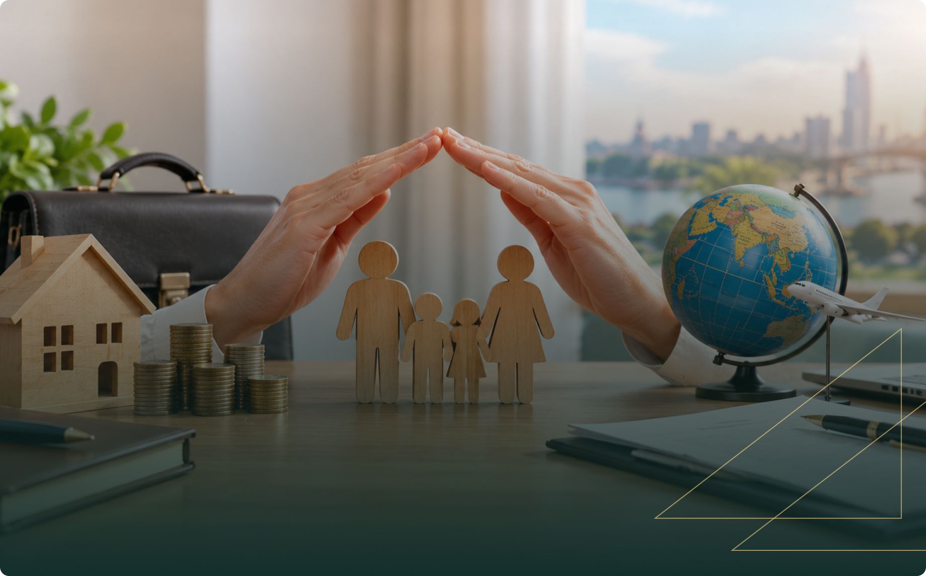 Hands form a protective roof over wooden family figures, globe, house, coins, and documents, symbolizing insurance, financial security, and family protection.