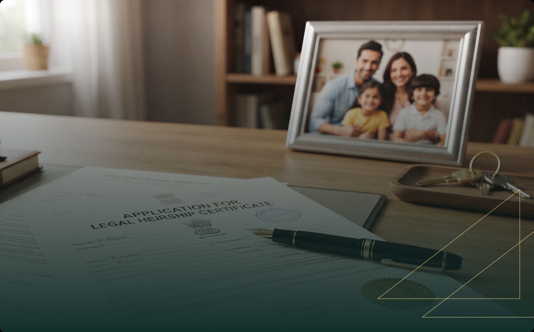 Legal heir certificate application, pen, and glasses rest on a desk beside a framed smiling family photo, conveying hope, family, and belonging.