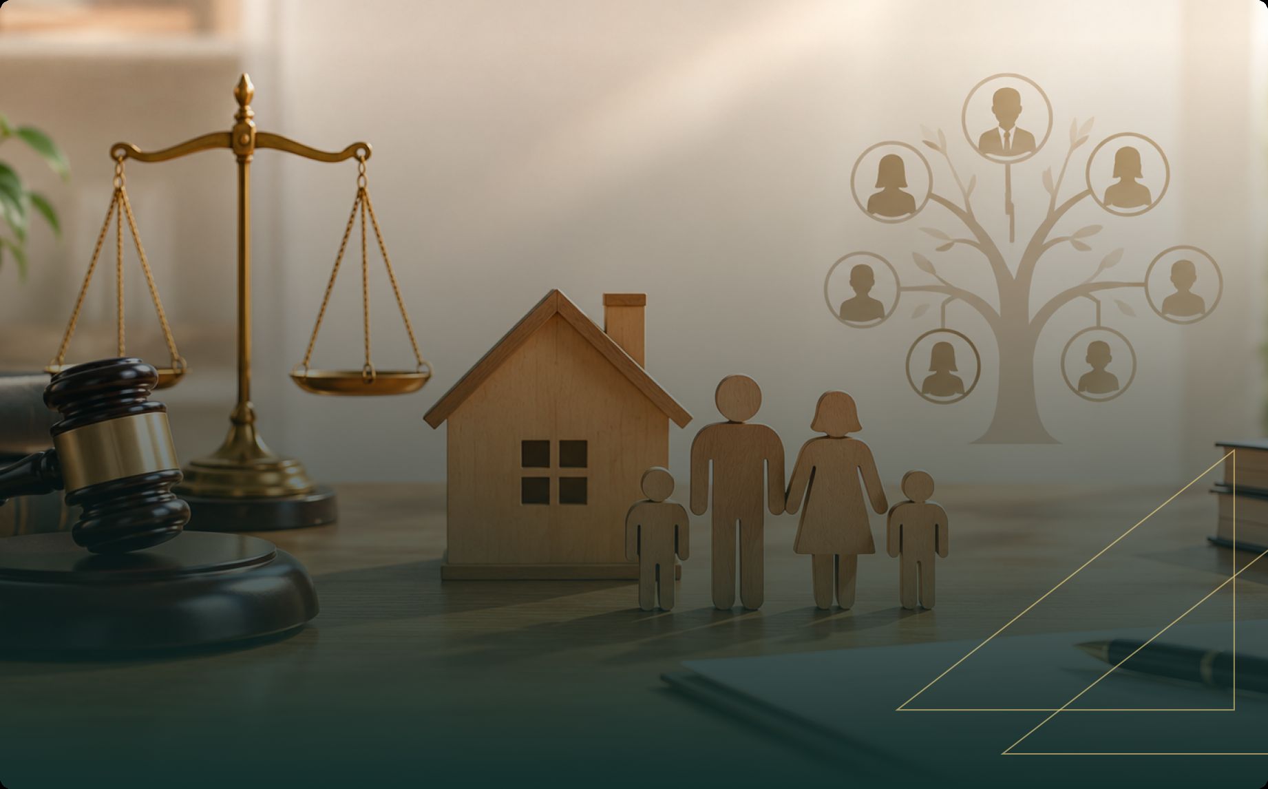 A gavel and balance scales sit beside a small house, wooden family figures, and a family tree, suggesting serious family law, custody, or inheritance matters.